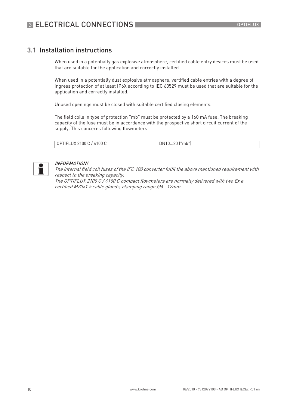 Electrical connections, 1 installation instructions | KROHNE OPTIFLUX 2000-4000 IECEx EN User Manual | Page 10 / 16