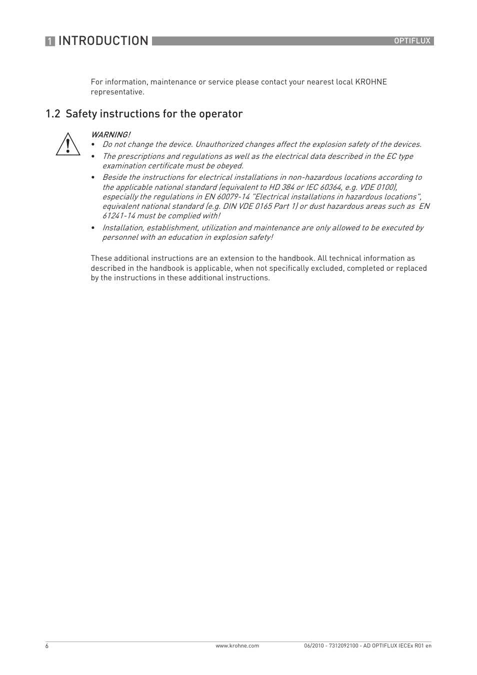 Introduction, 2 safety instructions for the operator | KROHNE OPTIFLUX 2000-4000 IECEx EN User Manual | Page 6 / 16