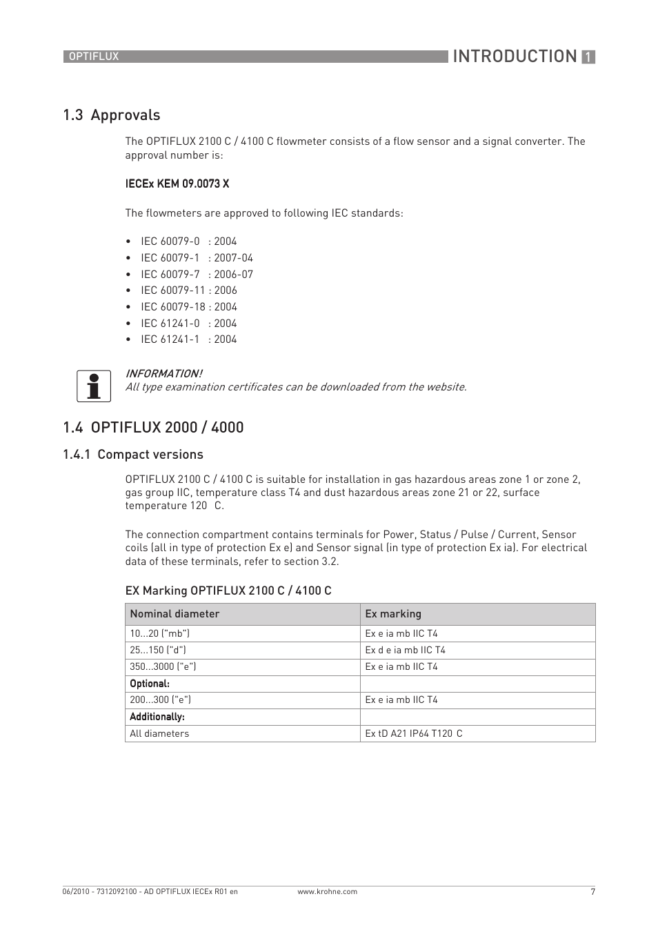 Introduction, 3 approvals, 1 compact versions | KROHNE OPTIFLUX 2000-4000 IECEx EN User Manual | Page 7 / 16
