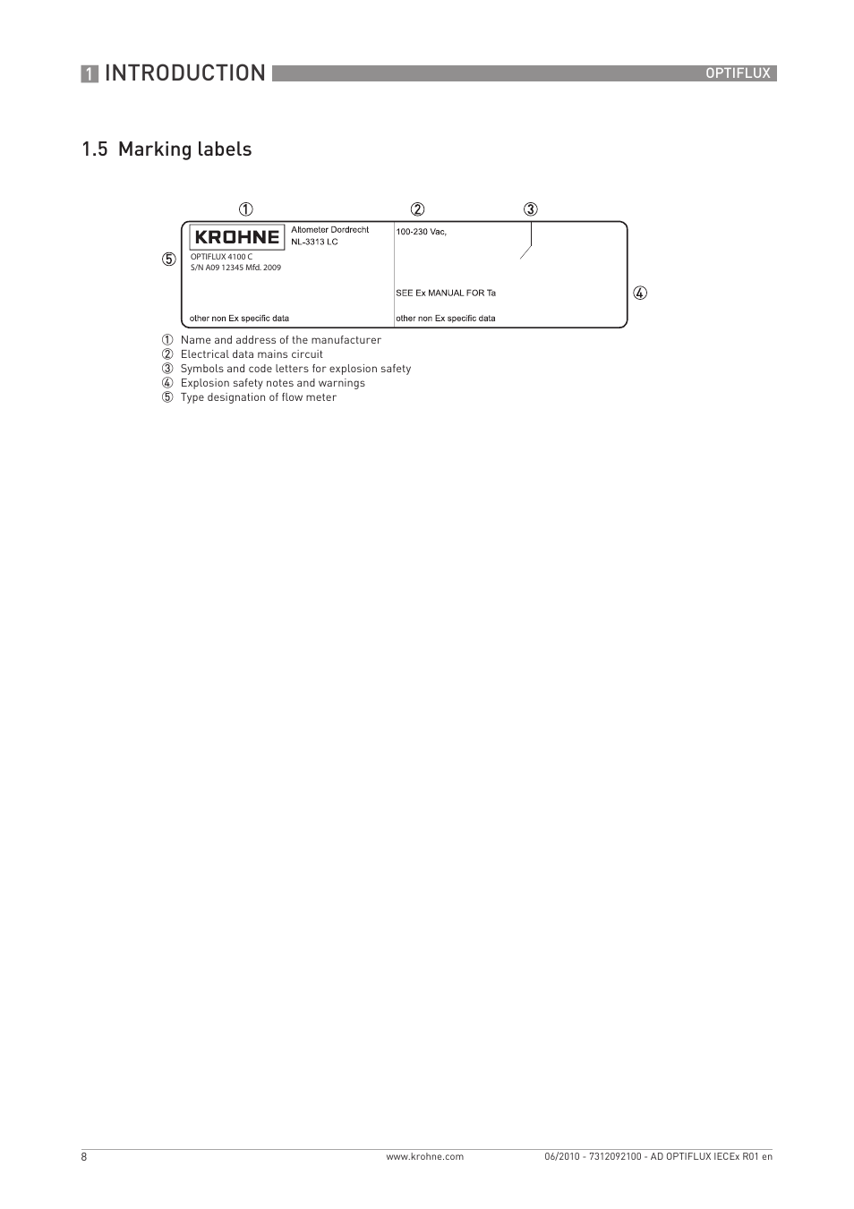 Introduction, 5 marking labels | KROHNE OPTIFLUX 2000-4000 IECEx EN User Manual | Page 8 / 16