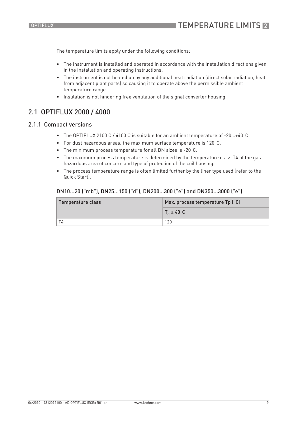 Temperature limits, 1 compact versions | KROHNE OPTIFLUX 2000-4000 IECEx EN User Manual | Page 9 / 16