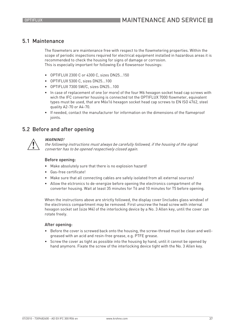 Maintenance and service, 1 maintenance, 2 before and after opening | KROHNE OPTIFLUX 2000-4000-5000-6000-7300-IFC 300 Ex EN User Manual | Page 37 / 40