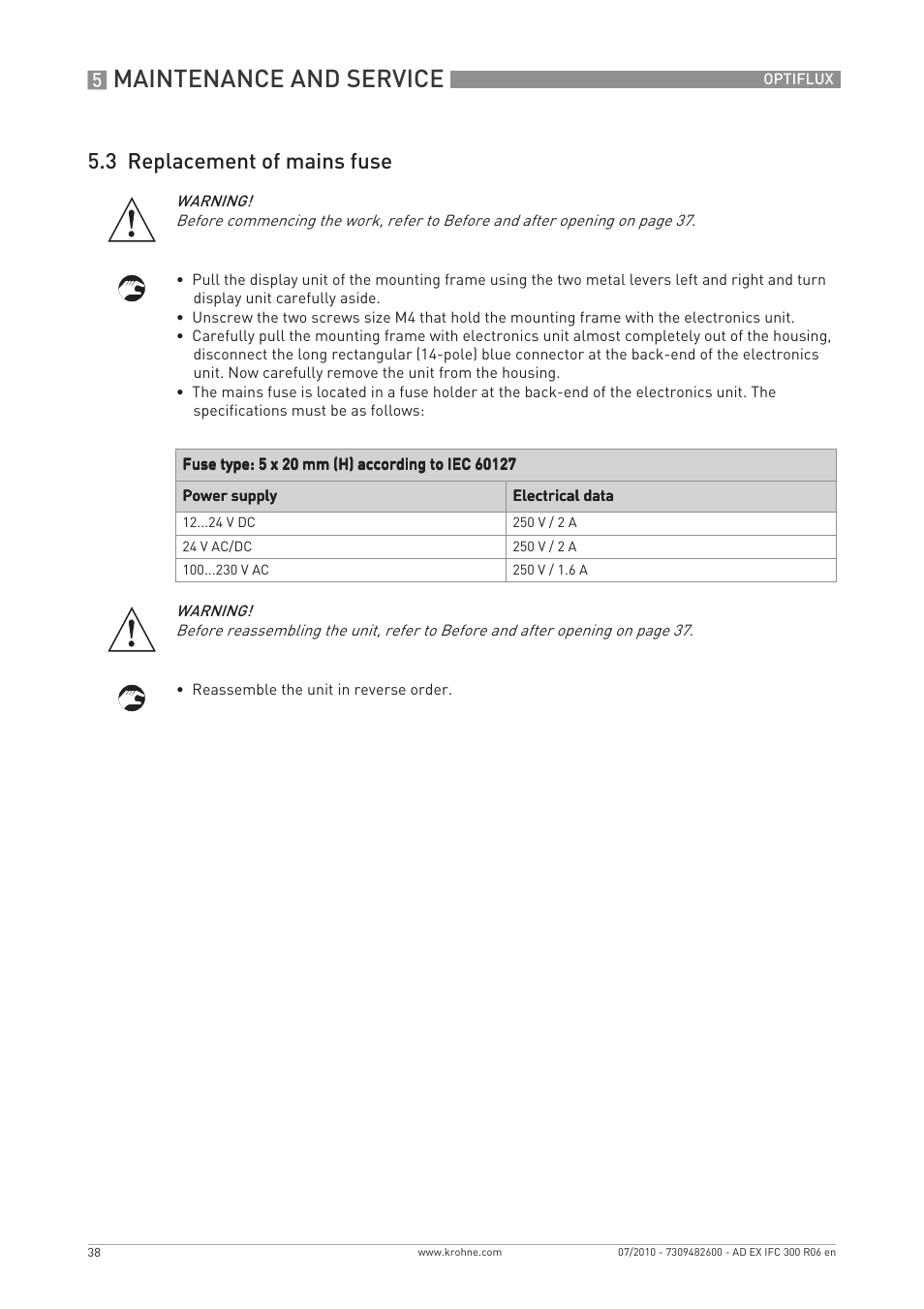 Maintenance and service, 3 replacement of mains fuse | KROHNE OPTIFLUX 2000-4000-5000-6000-7300-IFC 300 Ex EN User Manual | Page 38 / 40