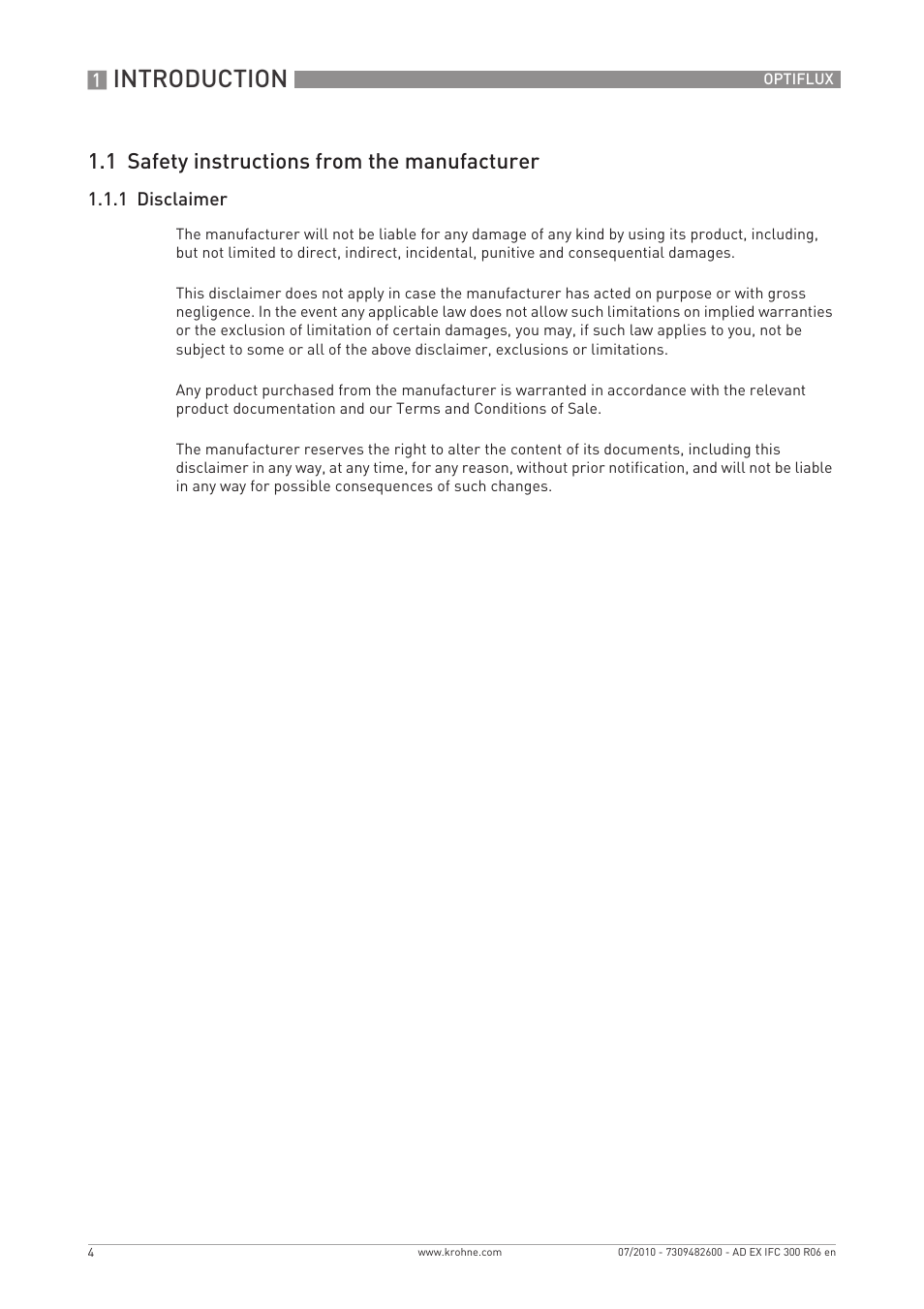 Introduction, 1 safety instructions from the manufacturer | KROHNE OPTIFLUX 2000-4000-5000-6000-7300-IFC 300 Ex EN User Manual | Page 4 / 40