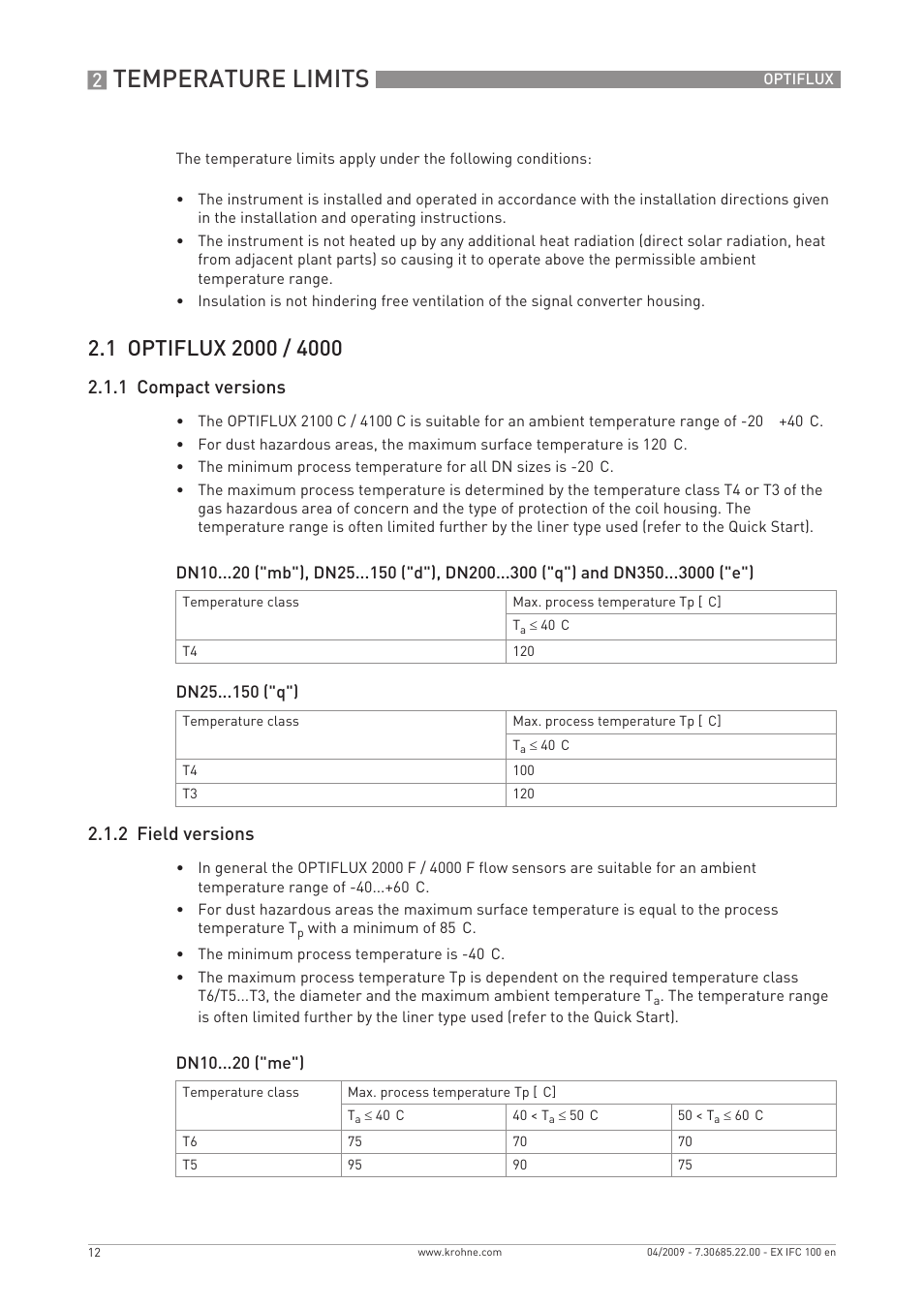 Temperature limits, 1 compact versions, 2 field versions | KROHNE OPTIFLUX 2000-4000-5000-6000 -IFC 100 Ex EN User Manual | Page 12 / 24