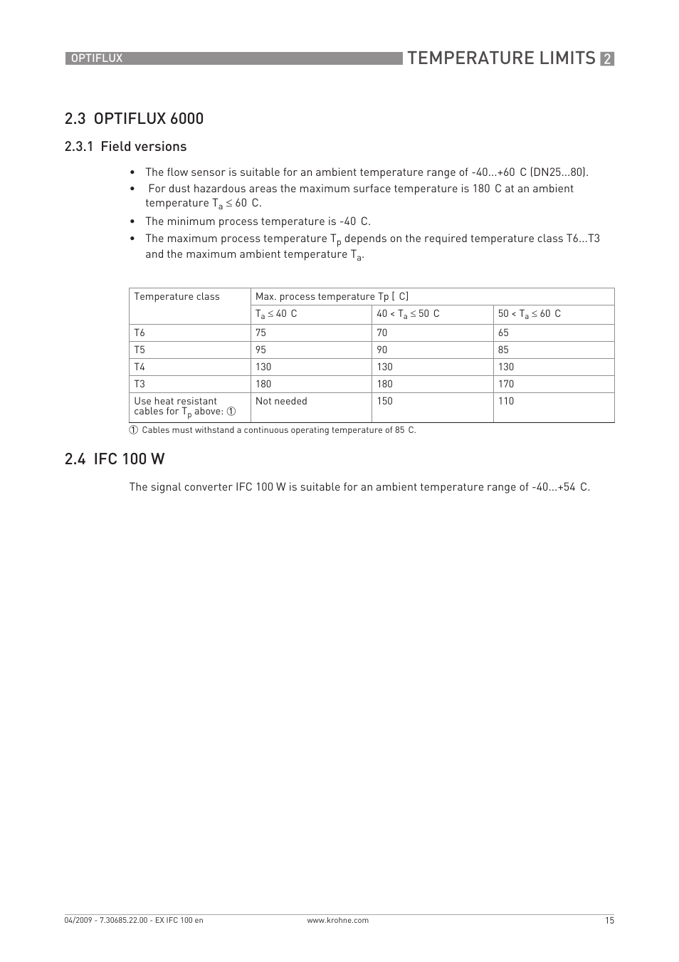 Temperature limits, 4 ifc 100 w, 1 field versions | KROHNE OPTIFLUX 2000-4000-5000-6000 -IFC 100 Ex EN User Manual | Page 15 / 24