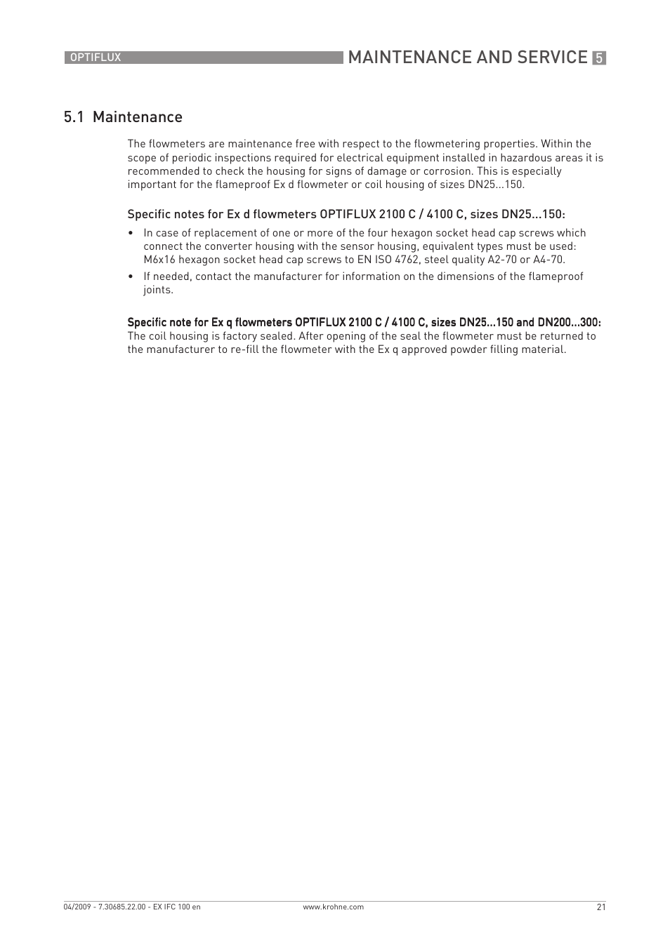 Maintenance and service, 1 maintenance | KROHNE OPTIFLUX 2000-4000-5000-6000 -IFC 100 Ex EN User Manual | Page 21 / 24