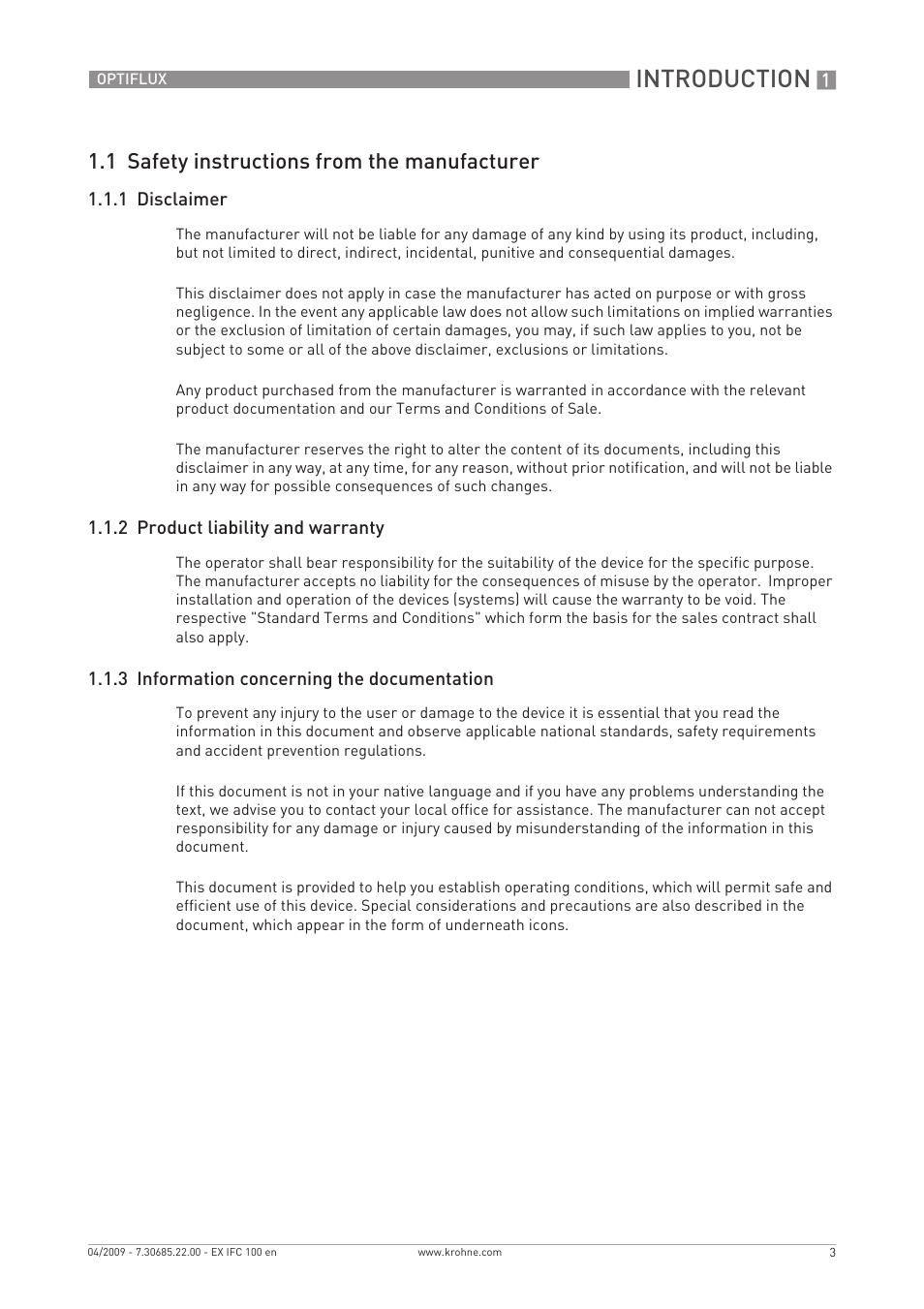 Introduction, 1 safety instructions from the manufacturer | KROHNE OPTIFLUX 2000-4000-5000-6000 -IFC 100 Ex EN User Manual | Page 3 / 24