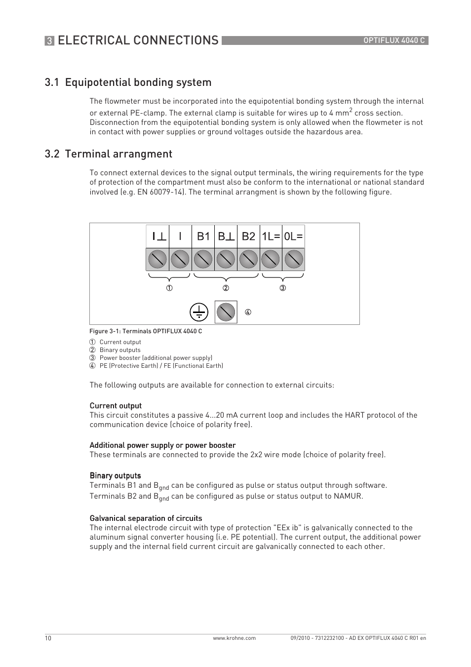 Electrical connections, 1 equipotential bonding system, 2 terminal arrangment | KROHNE OPTIFLUX 4040 C Ex EN User Manual | Page 10 / 20