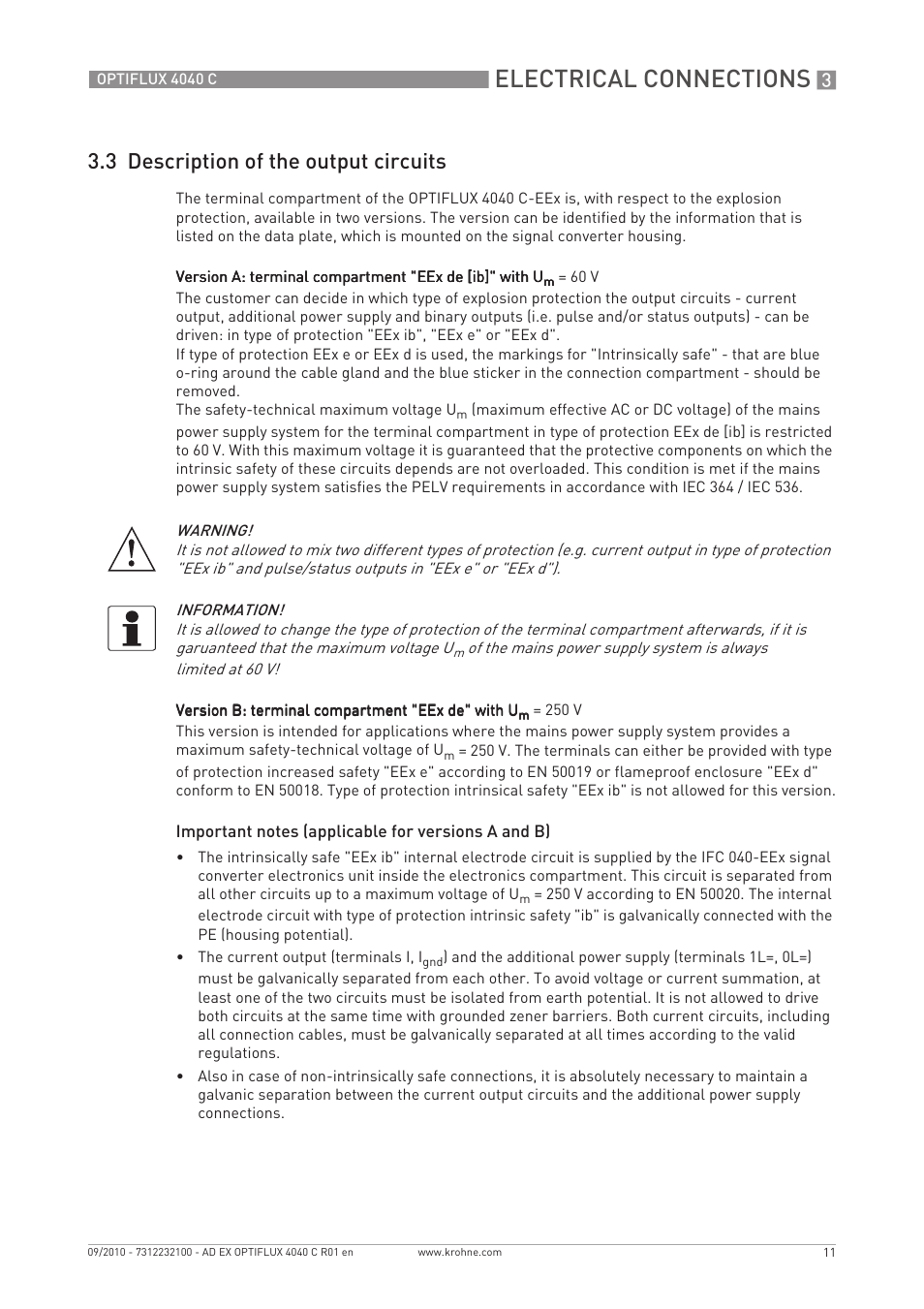 Electrical connections, 3 description of the output circuits | KROHNE OPTIFLUX 4040 C Ex EN User Manual | Page 11 / 20
