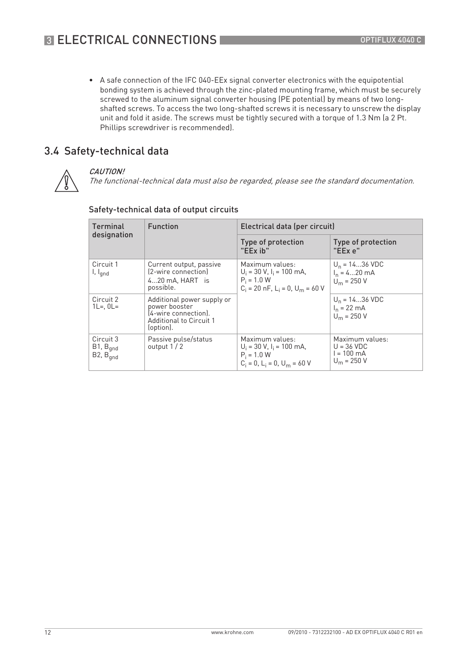 Electrical connections, 4 safety-technical data | KROHNE OPTIFLUX 4040 C Ex EN User Manual | Page 12 / 20