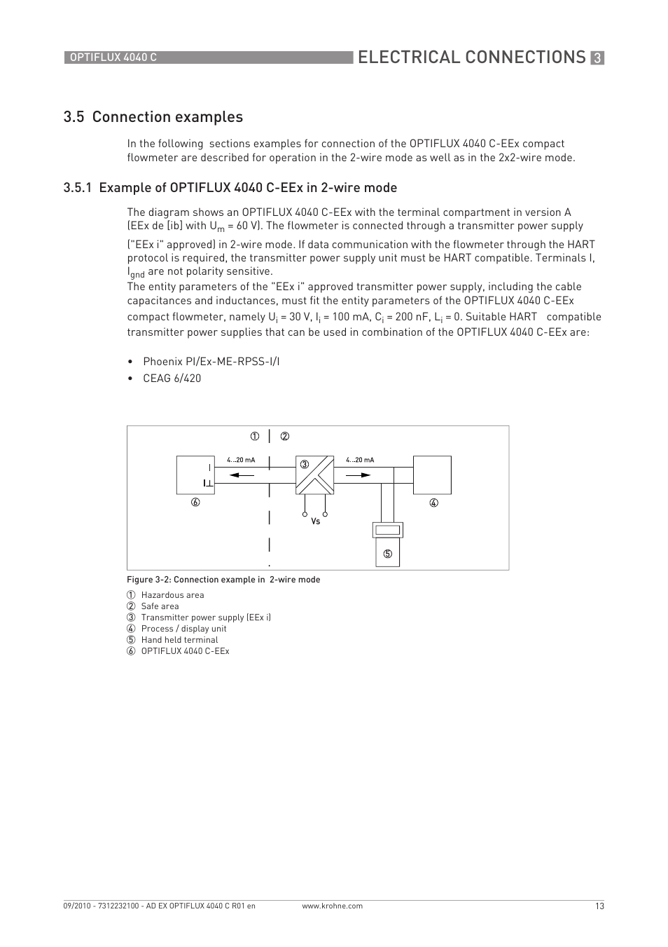 Electrical connections, 5 connection examples | KROHNE OPTIFLUX 4040 C Ex EN User Manual | Page 13 / 20