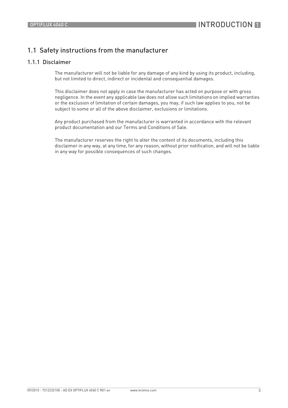 Introduction, 1 safety instructions from the manufacturer | KROHNE OPTIFLUX 4040 C Ex EN User Manual | Page 3 / 20