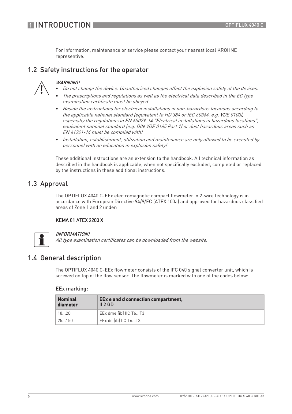 Introduction, 2 safety instructions for the operator, 3 approval | 4 general description | KROHNE OPTIFLUX 4040 C Ex EN User Manual | Page 6 / 20