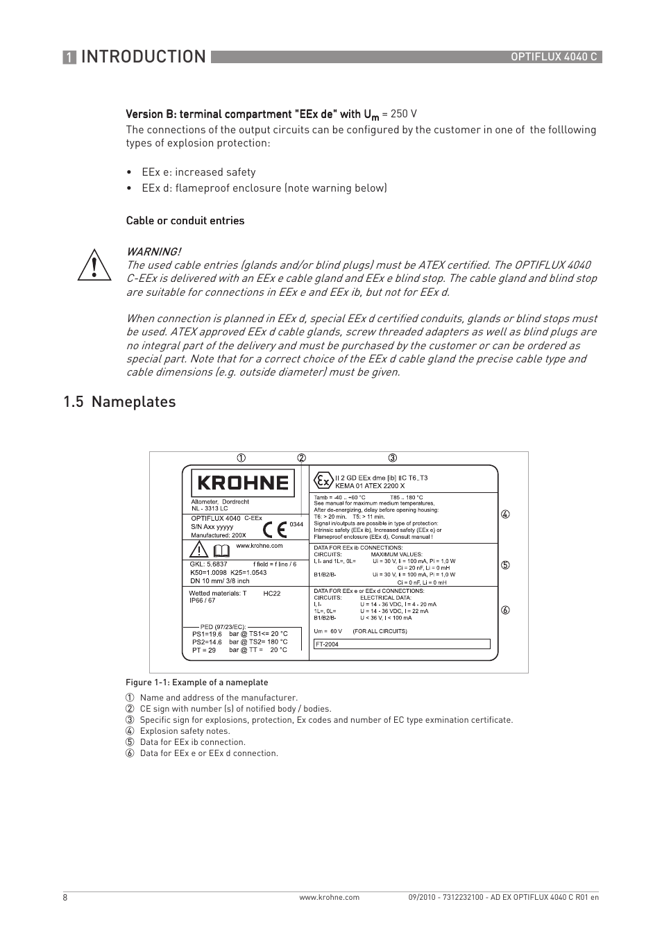 Introduction, 5 nameplates | KROHNE OPTIFLUX 4040 C Ex EN User Manual | Page 8 / 20