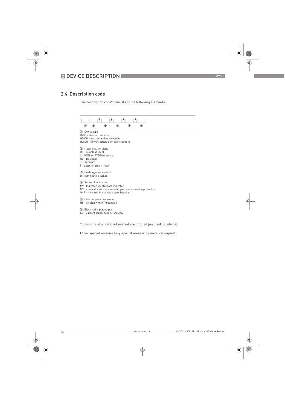 Device description, 4 description code | KROHNE H250 M9 ES EN User Manual | Page 12 / 36