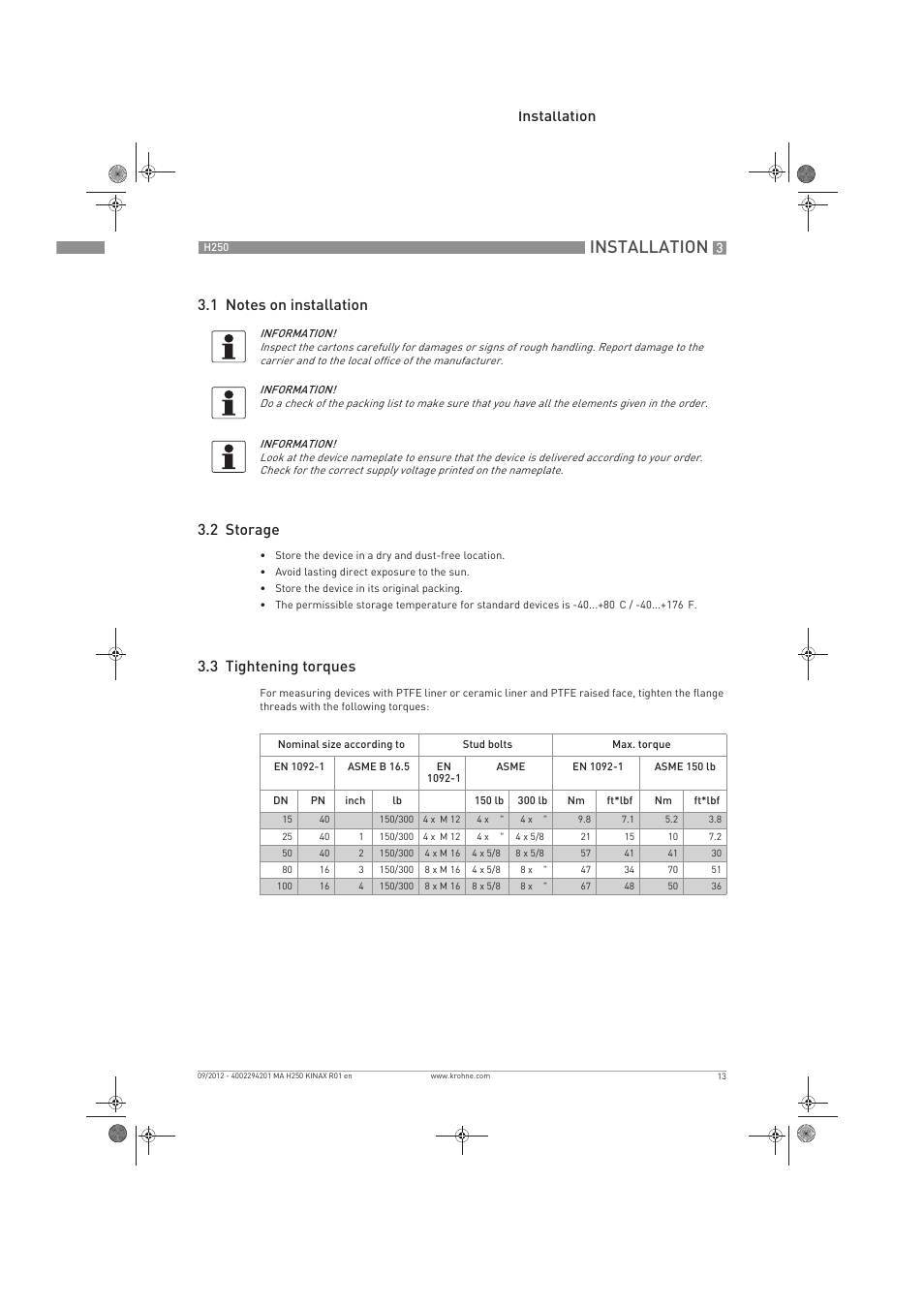 Installation, 3 tightening torques | KROHNE H250 M9 ES EN User Manual | Page 13 / 36