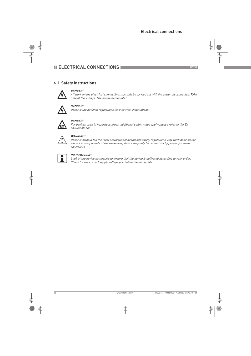 Electrical connections, Electrical connections 4.1 safety instructions | KROHNE H250 M9 ES EN User Manual | Page 16 / 36