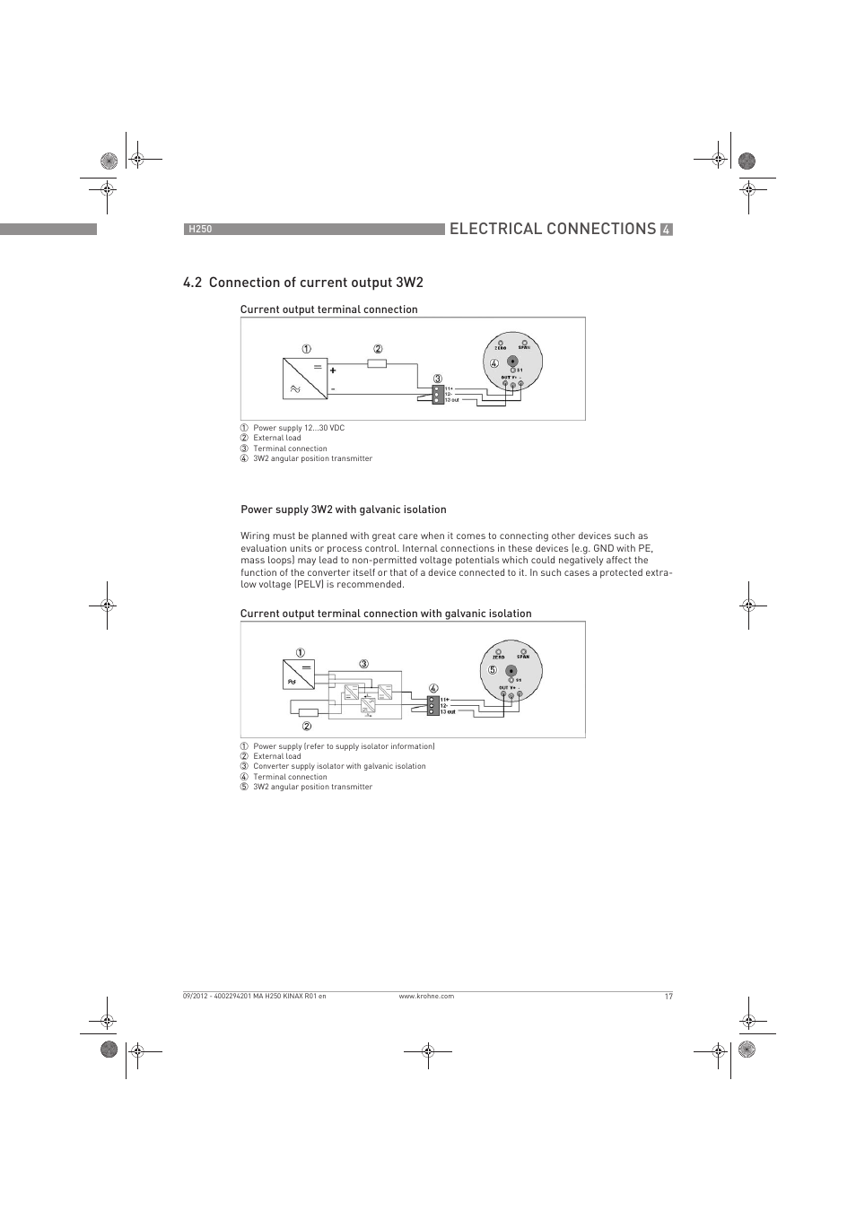 Electrical connections, 2 connection of current output 3w2 | KROHNE H250 M9 ES EN User Manual | Page 17 / 36