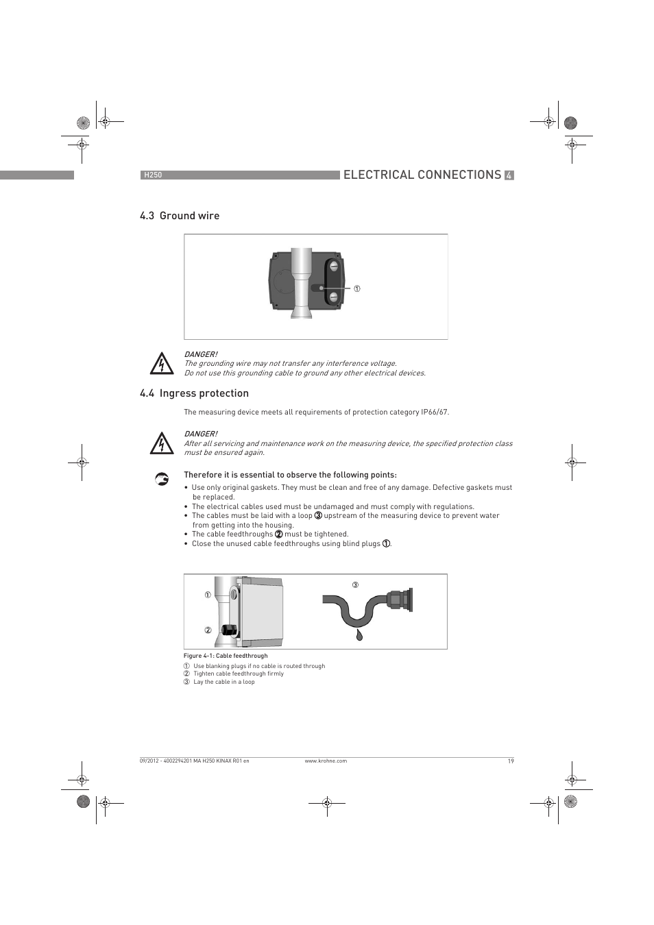 Electrical connections, 3 ground wire 4.4 ingress protection | KROHNE H250 M9 ES EN User Manual | Page 19 / 36