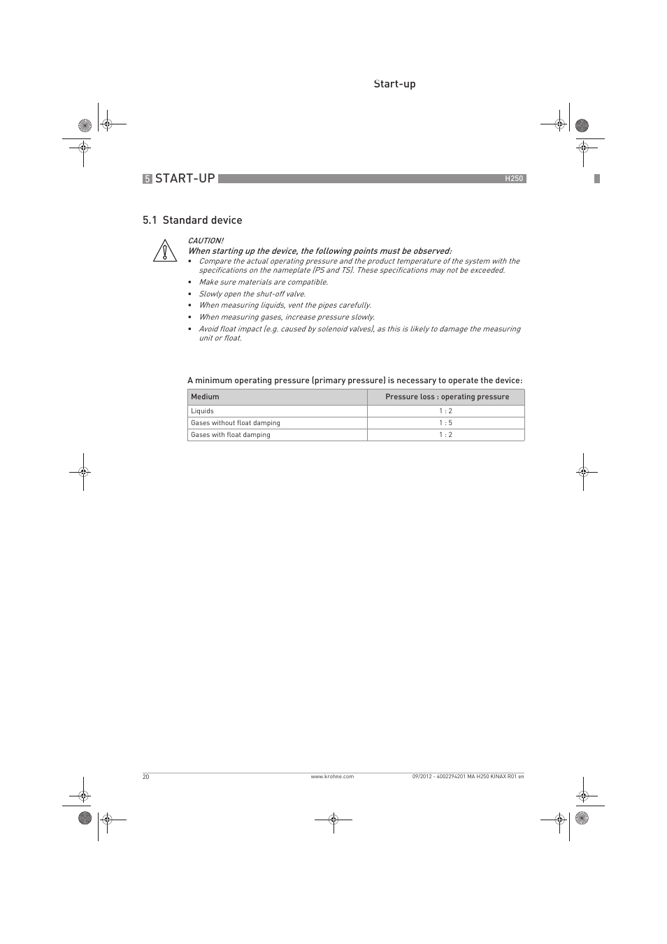 Start-up, Start-up 5.1 standard device | KROHNE H250 M9 ES EN User Manual | Page 20 / 36