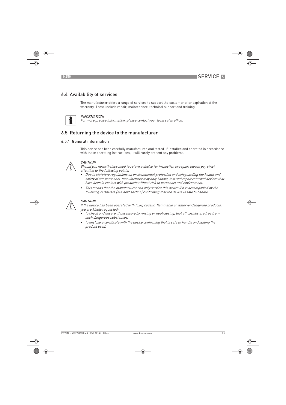 Service, 4 availability of services, 5 returning the device to the manufacturer | KROHNE H250 M9 ES EN User Manual | Page 25 / 36