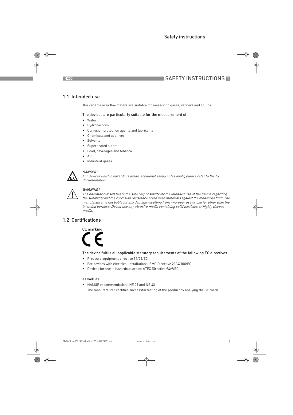 Safety instructions | KROHNE H250 M9 ES EN User Manual | Page 5 / 36