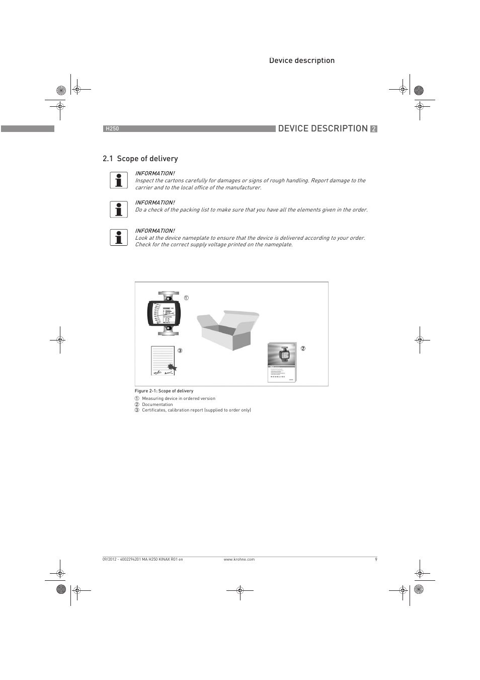 Device description, Device description 2.1 scope of delivery | KROHNE H250 M9 ES EN User Manual | Page 9 / 36