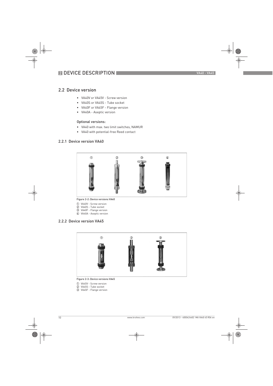 Device description, 2 device version | KROHNE VA 40-VA 45 EN User Manual | Page 10 / 36