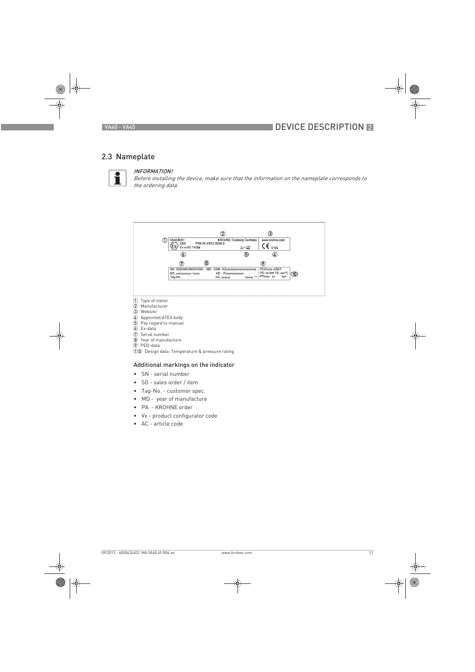 Device description, 3 nameplate | KROHNE VA 40-VA 45 EN User Manual | Page 11 / 36