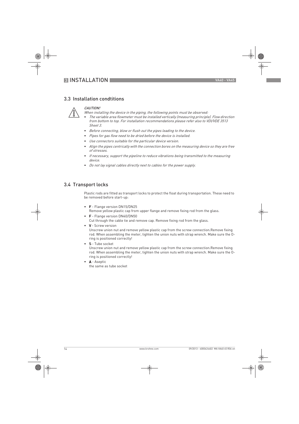 Installation, 3 installation condtitions 3.4 transport locks | KROHNE VA 40-VA 45 EN User Manual | Page 14 / 36