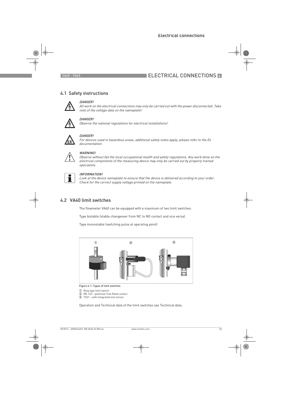 Electrical connections | KROHNE VA 40-VA 45 EN User Manual | Page 15 / 36