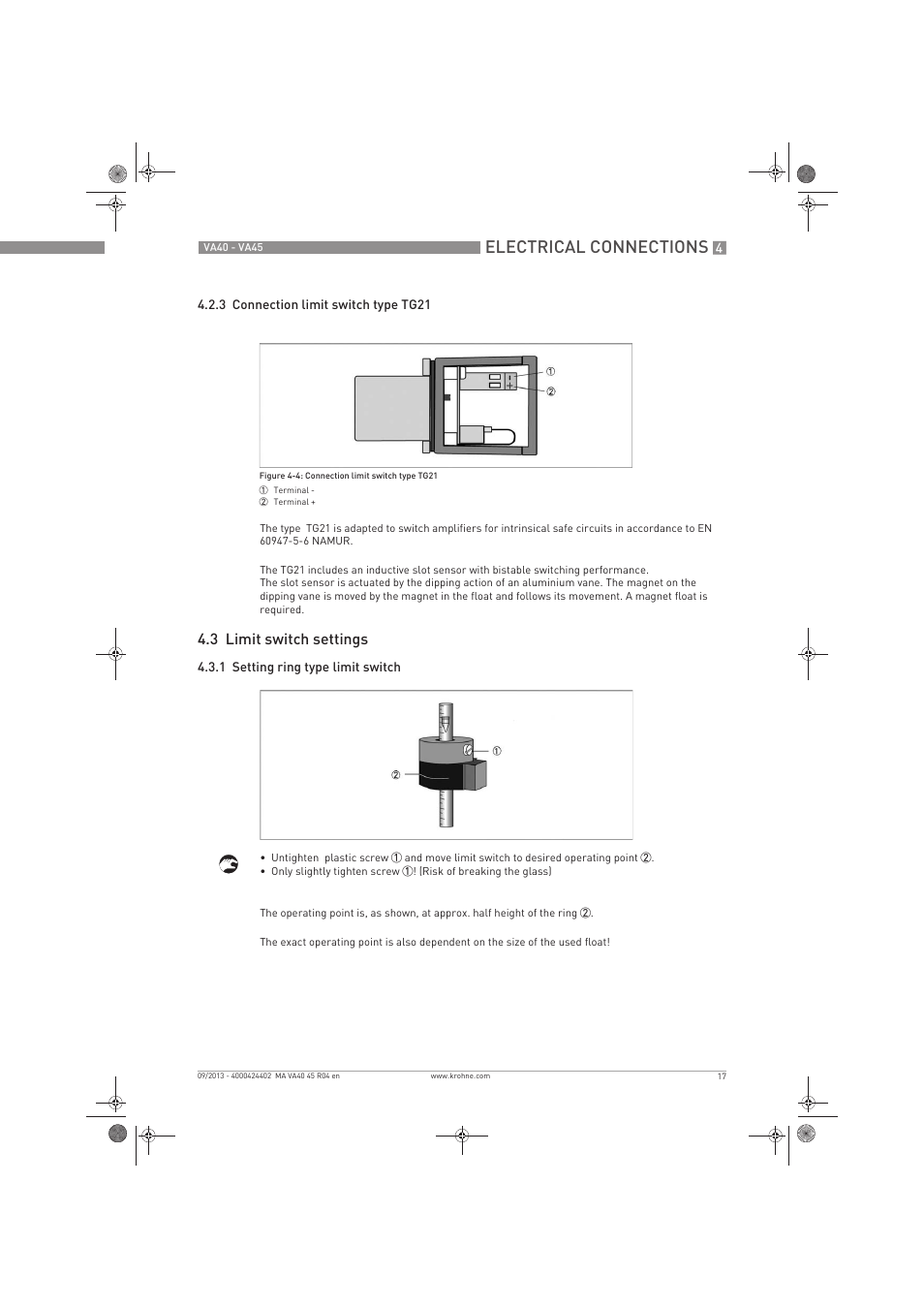 Electrical connections, 3 limit switch settings | KROHNE VA 40-VA 45 EN User Manual | Page 17 / 36