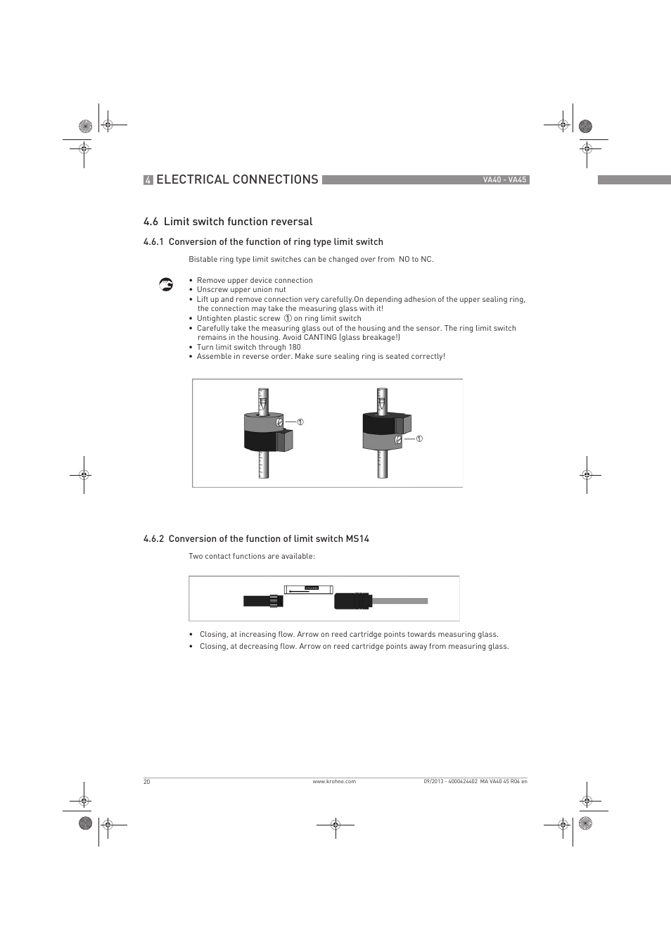 Electrical connections, 6 limit switch function reversal | KROHNE VA 40-VA 45 EN User Manual | Page 20 / 36