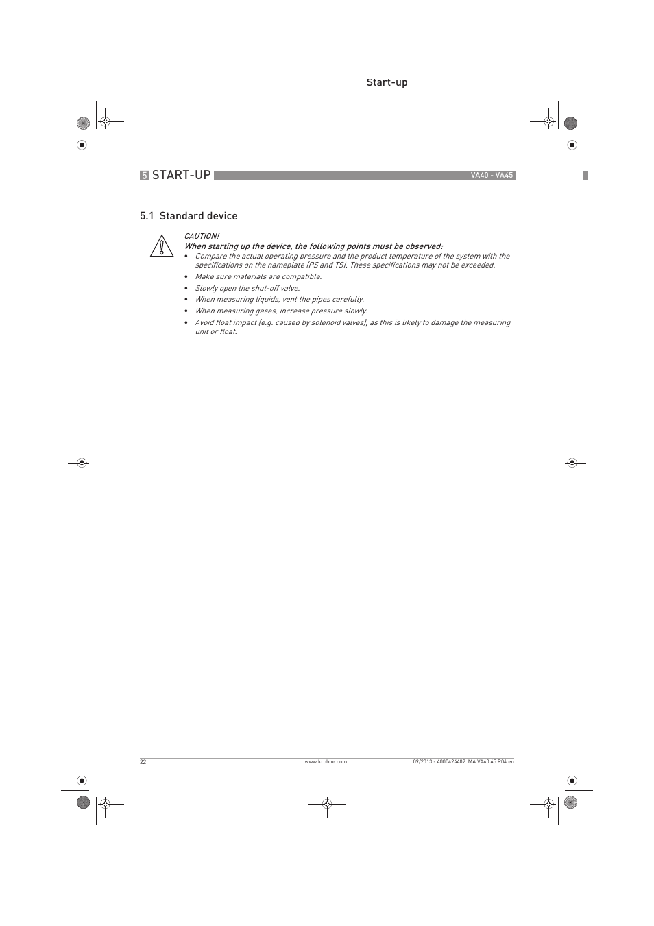 Start-up, Start-up 5.1 standard device | KROHNE VA 40-VA 45 EN User Manual | Page 22 / 36