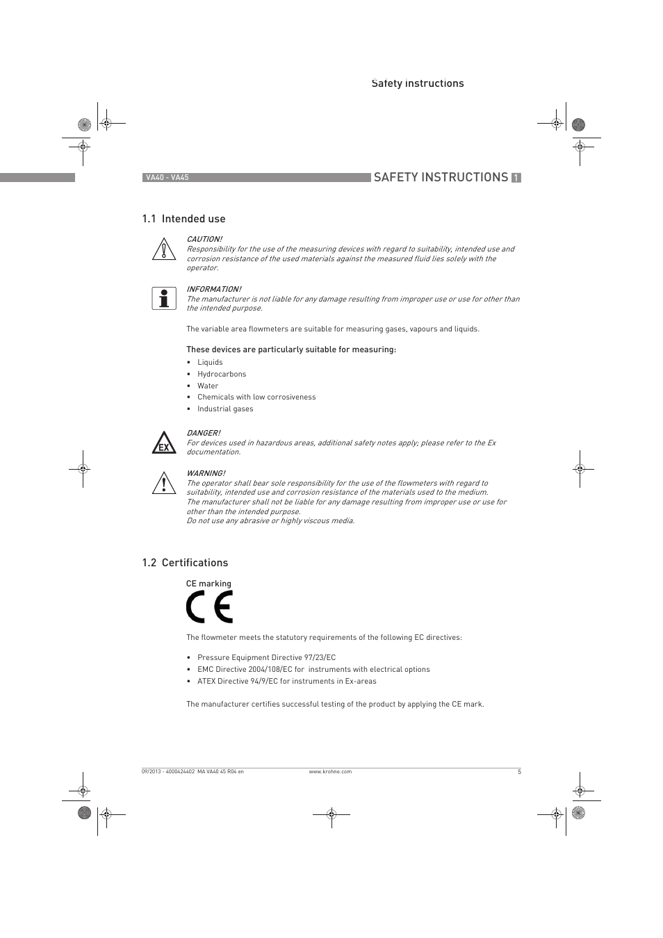 Safety instructions, Safety instructions 1.1 intended use, 2 certifications | KROHNE VA 40-VA 45 EN User Manual | Page 5 / 36