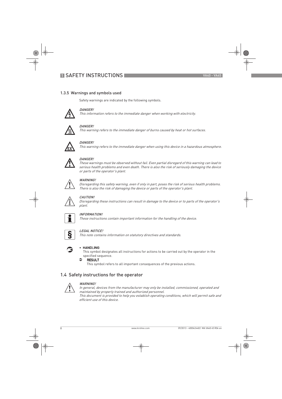 Safety instructions, 4 safety instructions for the operator | KROHNE VA 40-VA 45 EN User Manual | Page 8 / 36