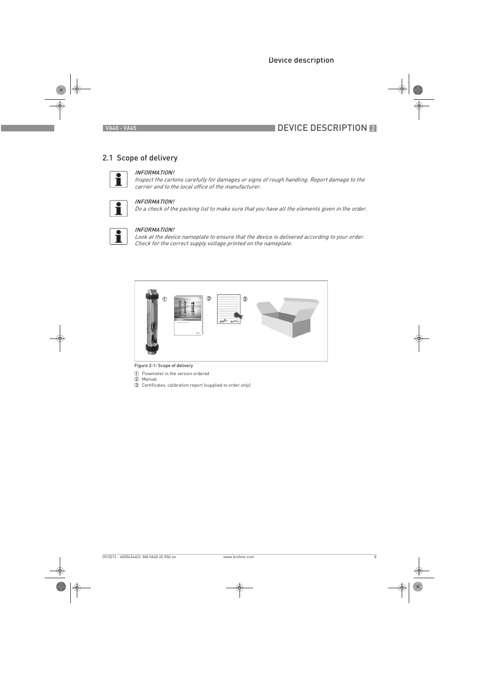 Device description, Device description 2.1 scope of delivery | KROHNE VA 40-VA 45 EN User Manual | Page 9 / 36