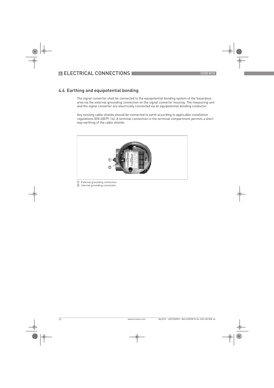 Electrical connections, 4 earthing and equipotential bonding | KROHNE H250 M10 ATEX II2G Ex d EN User Manual | Page 12 / 16