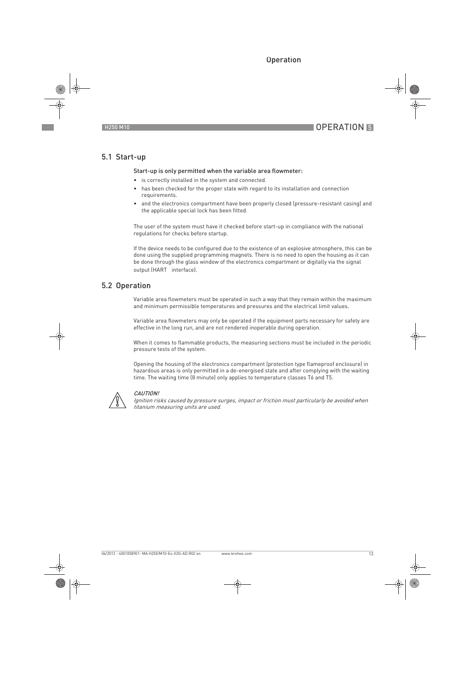 Operation, Operation 5.1 start-up, 2 operation | KROHNE H250 M10 ATEX II2G Ex d EN User Manual | Page 13 / 16