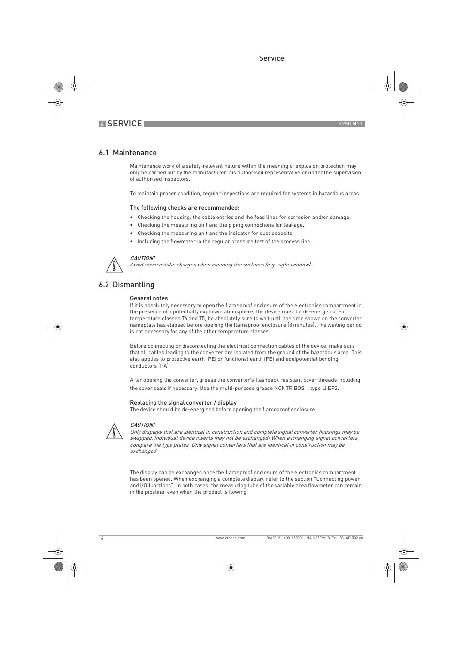 Service, Service 6.1 maintenance, 2 dismantling | KROHNE H250 M10 ATEX II2G Ex d EN User Manual | Page 14 / 16