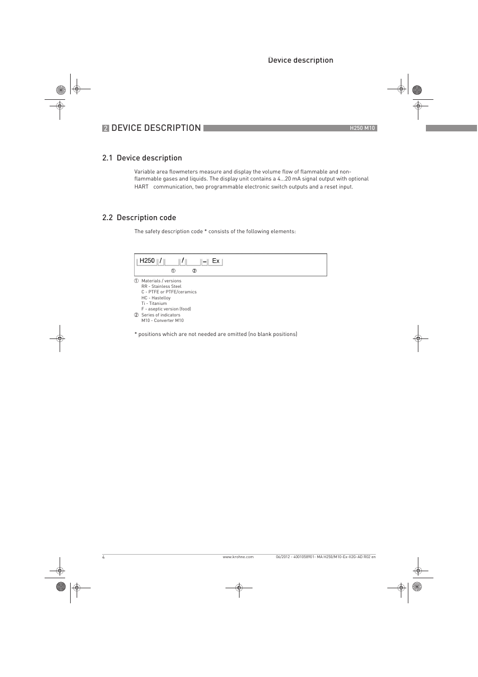 Device description, Device description 2.1 device description, 2 description code | KROHNE H250 M10 ATEX II2G Ex d EN User Manual | Page 4 / 16