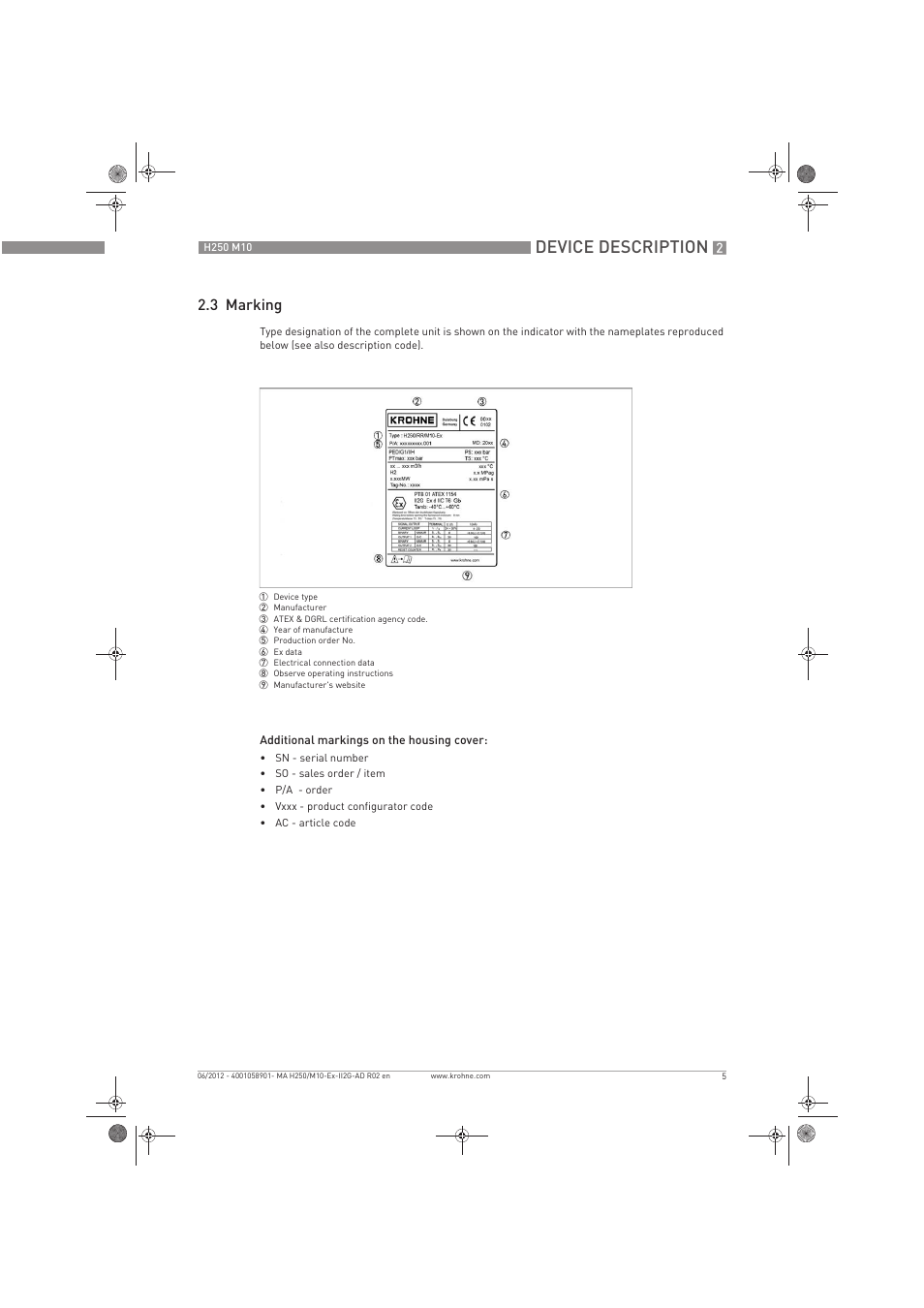 Device description, 3 marking | KROHNE H250 M10 ATEX II2G Ex d EN User Manual | Page 5 / 16