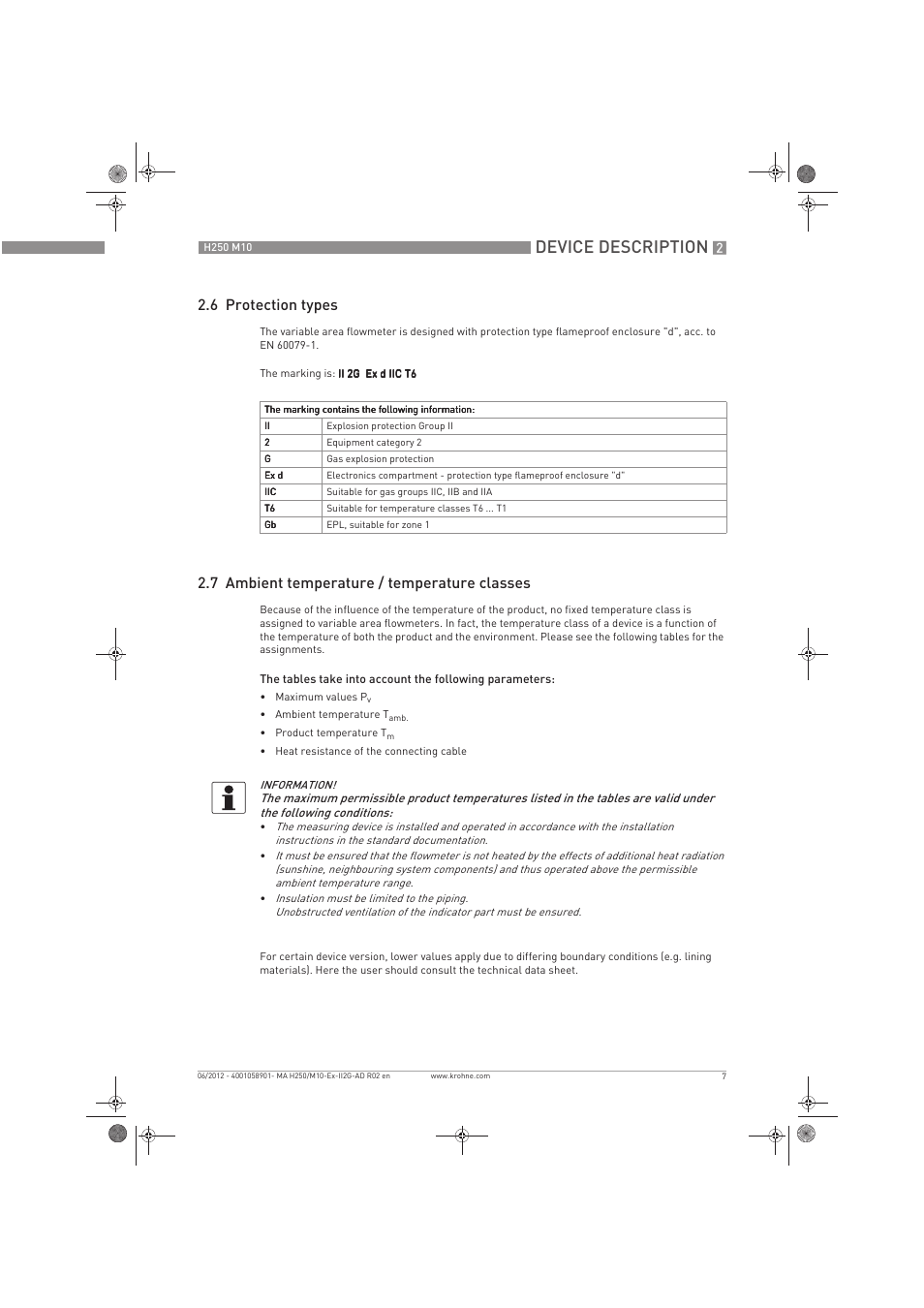 Device description, 6 protection types, 7 ambient temperature / temperature classes | KROHNE H250 M10 ATEX II2G Ex d EN User Manual | Page 7 / 16