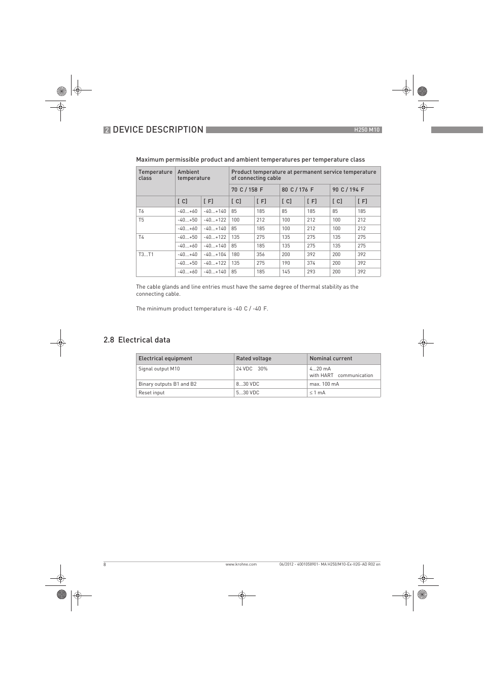Device description, 8 electrical data | KROHNE H250 M10 ATEX II2G Ex d EN User Manual | Page 8 / 16