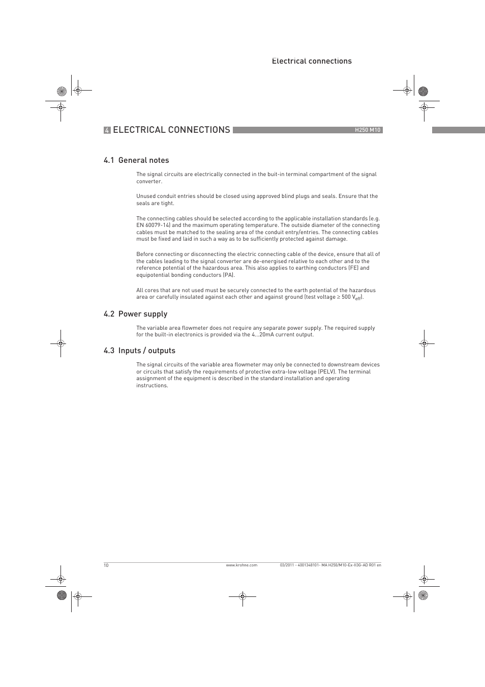 Electrical connections, 2 power supply, 3 inputs / outputs | KROHNE H250 M10 ATEX II3D Ex t EN User Manual | Page 10 / 16