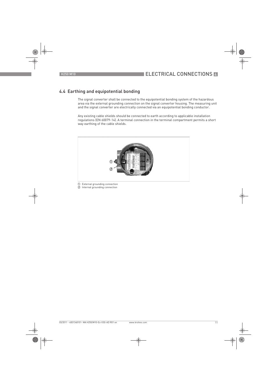 Electrical connections, 4 earthing and equipotential bonding | KROHNE H250 M10 ATEX II3D Ex t EN User Manual | Page 11 / 16