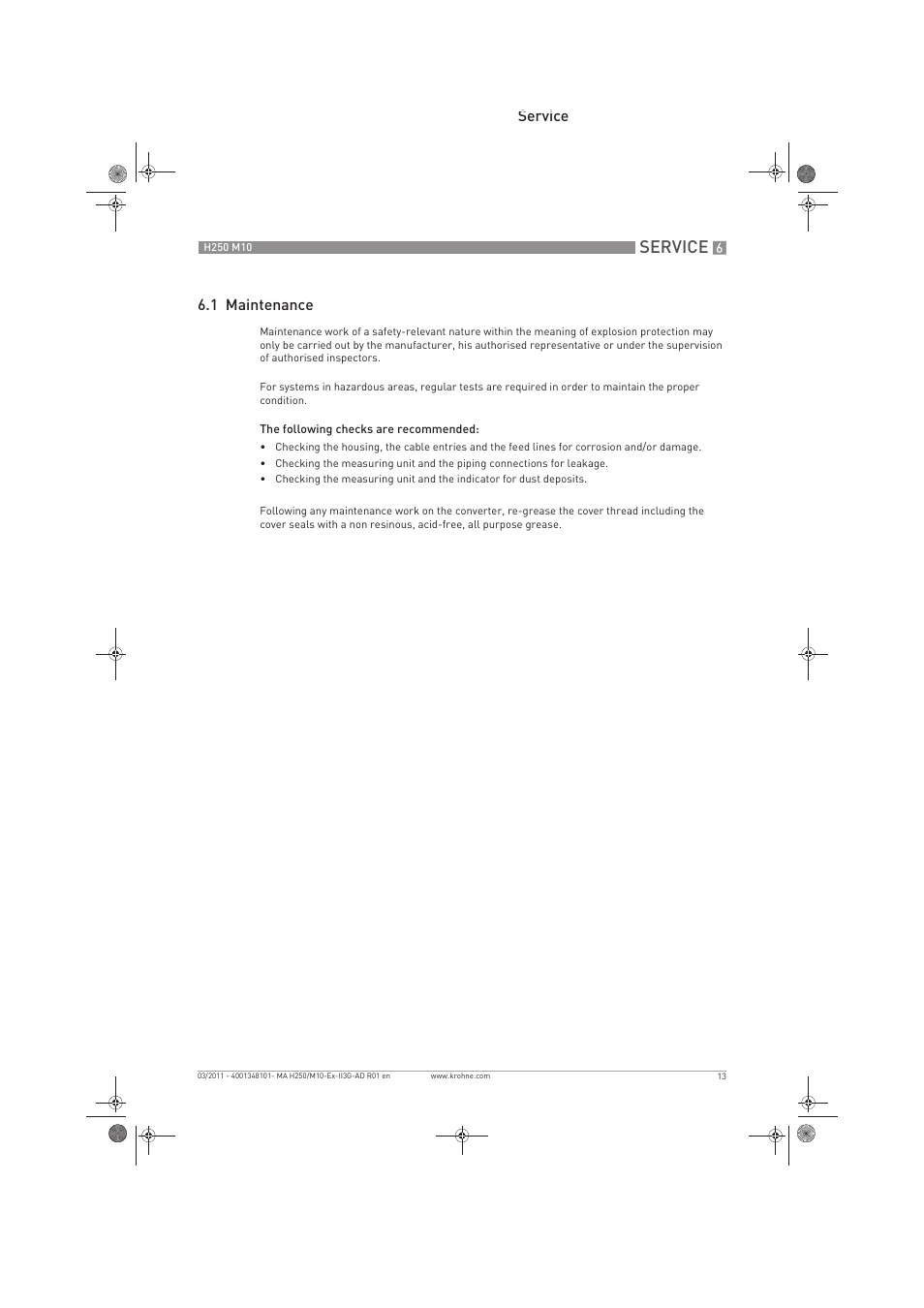 Service, Service 6.1 maintenance | KROHNE H250 M10 ATEX II3D Ex t EN User Manual | Page 13 / 16
