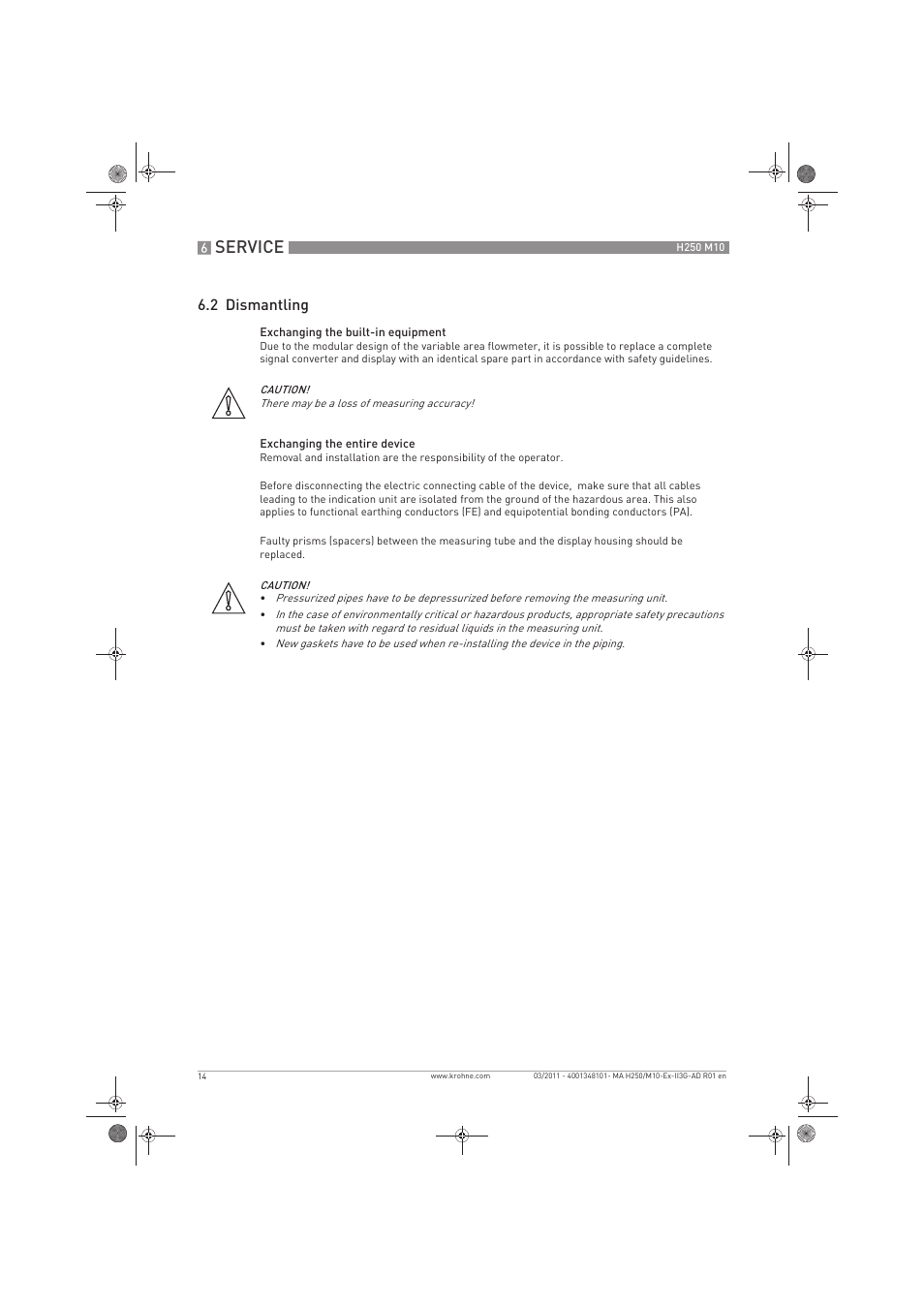 Service, 2 dismantling | KROHNE H250 M10 ATEX II3D Ex t EN User Manual | Page 14 / 16