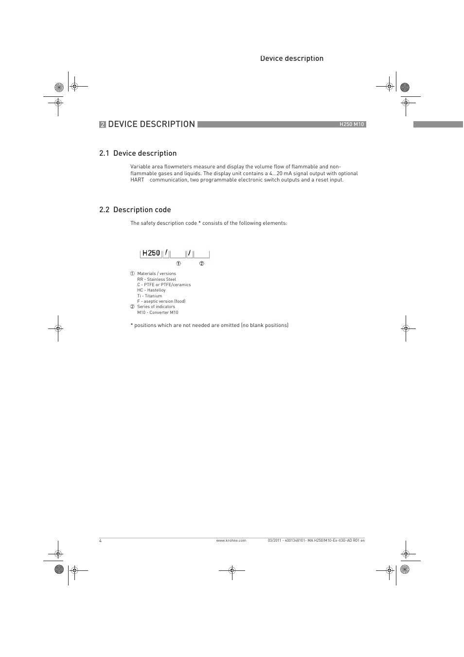 Device description, Device description 2.1 device description, 2 description code | KROHNE H250 M10 ATEX II3D Ex t EN User Manual | Page 4 / 16